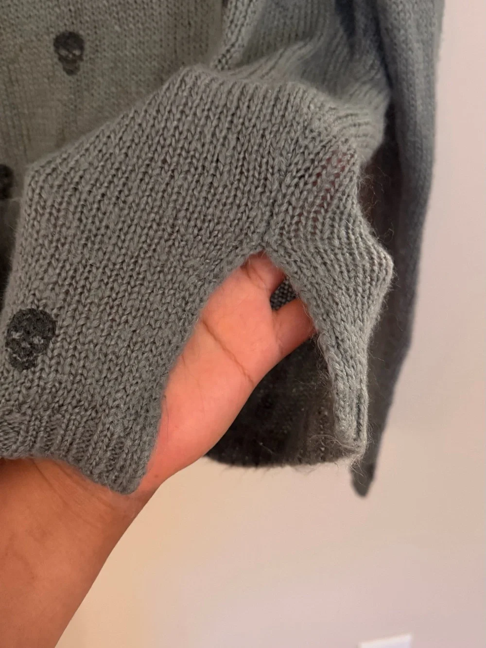 Wooden Ships Skull Printed Crew Knit Sweater Gray S/M